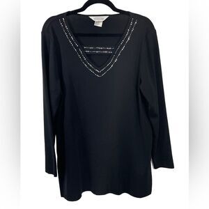 Misook Black V-Neck‎ Rhinestone Embellished Knit Sweater Top Size MEDIUM